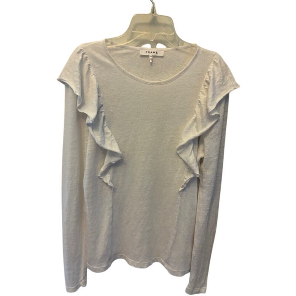 Frame Ruffle Shoulder Long Sleeve White Tee 100% Linen Women Medium EUC
